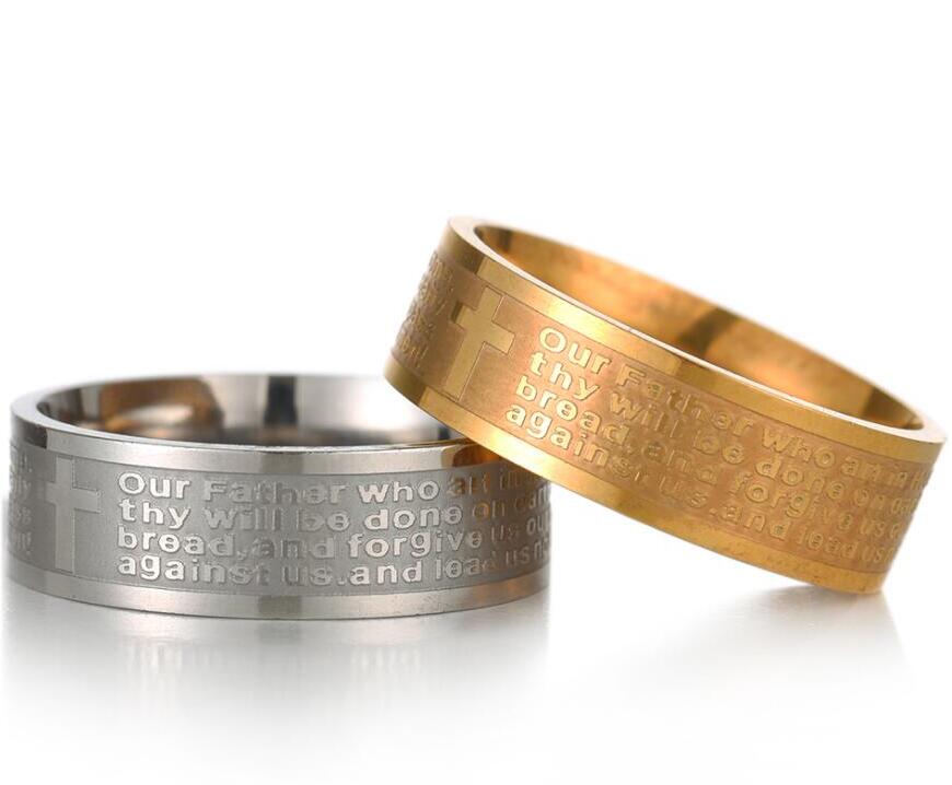 

English Lords Prayer Script Our Father Engraved Stainless steel Cross 8MM Rings For Men Women Religion Belief Communication Rings ps1653