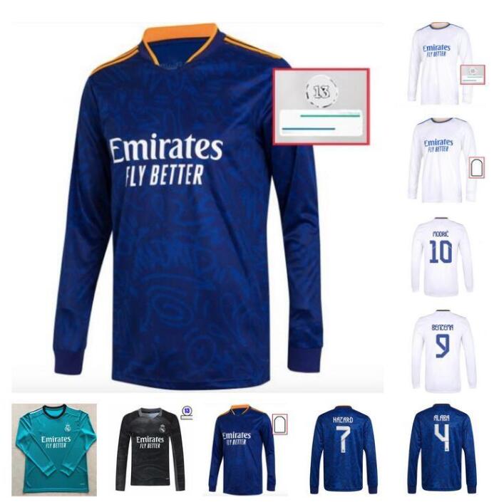 

long sleeve 21 22 Real Madrid HAZARD MODRIC KROOS Mens Soccer Jerseys 2021 2022 SERGIO RAMOS BENZEMA ISCO BALE MARIANO Home Away Football Shirt, Gold