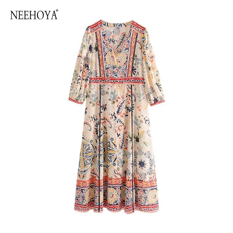 

Women Chic Fashion Floral Print Maxi Dress Vintage V Neck Three Quarter Sleeves Side Slit Female Dresses Vestidos Mujer Casual, As picture