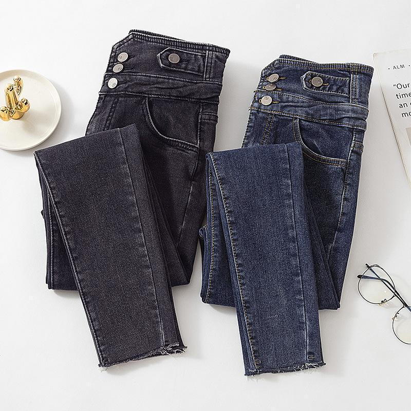 

Harem Jeans All-match High-waist Stretch Feet Pants Mother Autumn Pencil Trousers Boyfriend Women, Gray-blue