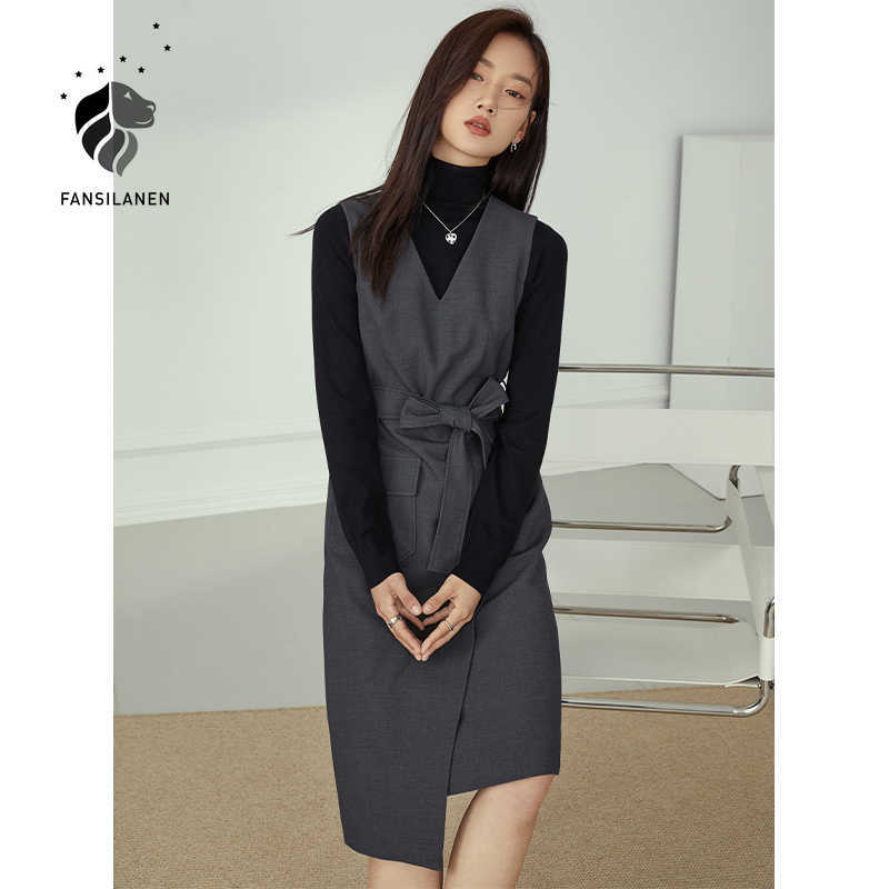 

FANSILANEN Office lady sleeveless elegant blazer dress Women v neck gray autumn winter Thermal belt vintage midi 210607, Dark gray