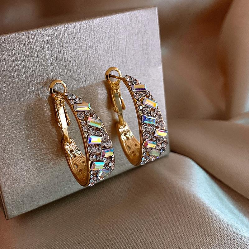 

Hoop & Huggie TIMEONLY Fashion Sparkly CZ Zirconia AB Color C Shape Earrings Gold Alloy Circle Open For Women Bijoux Femme