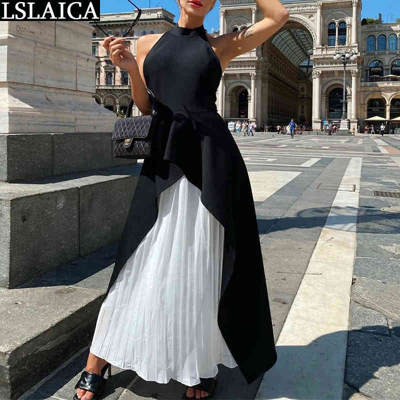 

Elegant Woman Dress Sleeveless Halter Patchwork Female Maxi Sexy Backless Ladies Party Pleated High Waist Sukienki 210520, White