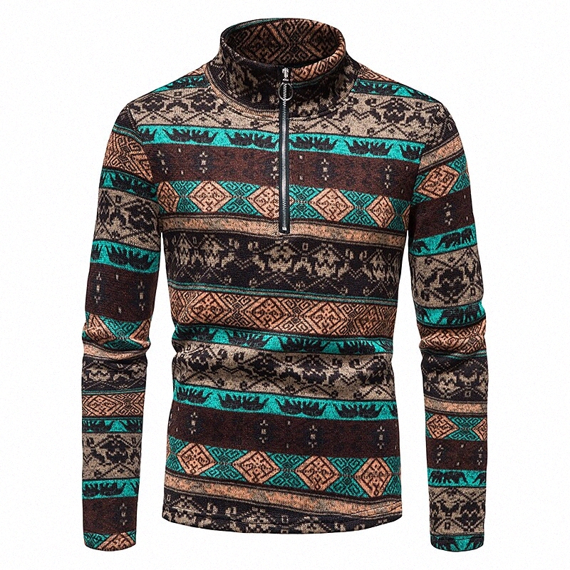 Men's Sweater Knitted Argyle Casual Long Sleeve Sweater Cardigans Turtleneck Winter Blue Brown 0246#