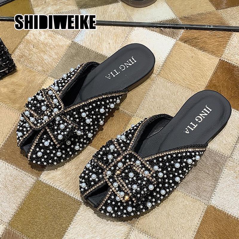 

2021 Summer New Style Pearl Baotou Half Drag Girl Korean Sweet Fairy Style Flat Sandals And Slippers Women vb194, Black