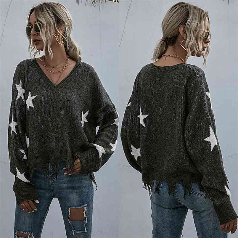 

Off Shoulder Autumn Sweater For Women Fringe Distressed Knitted Female Tops Star Tassel Long Sleeve Pullover Sweaters 210517, Dark gray