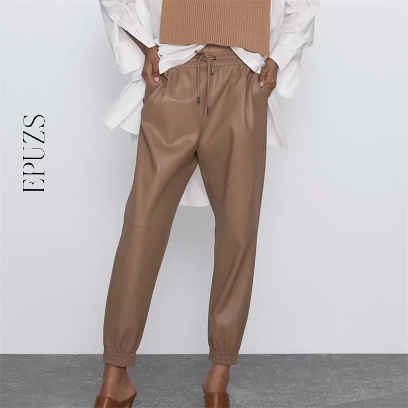

Vintage Khaki PU leather pants women sweatpants streetwear Korean Joggers high waist trousers 210521