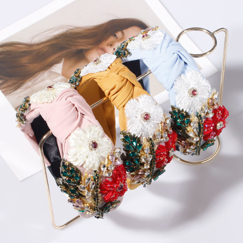 

Fashion Rose Flower Rhinestone Headbands For women Baroque ladies cloth hand-sewn exquisitePalace Bohemia Headwear Hair Jewelry