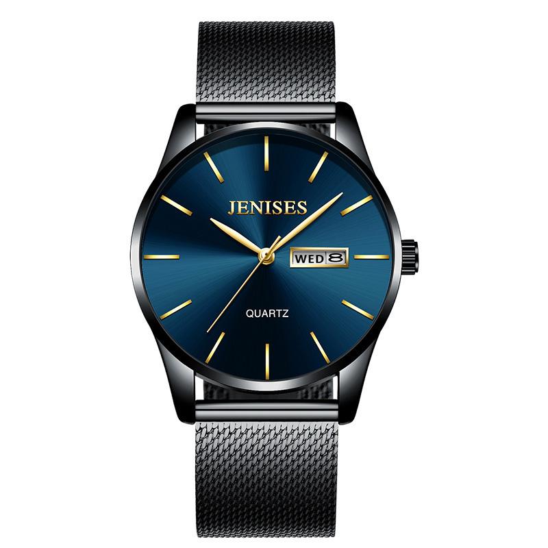 

Wristwatches 7mm Mens Watches Top Men Steel Mesh Strap Quartz Watch Analog Waterproof Sports Week Date Army Military WristWatch, Leather black blue s