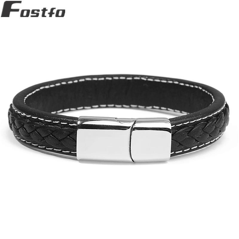 

Beaded, Strands Fostfo Fashion Men Simple Black Business Leather Knitted Bracelet 18.5/20.5/22cm Stainless Steel Magnet Clasp Jewelry Gift