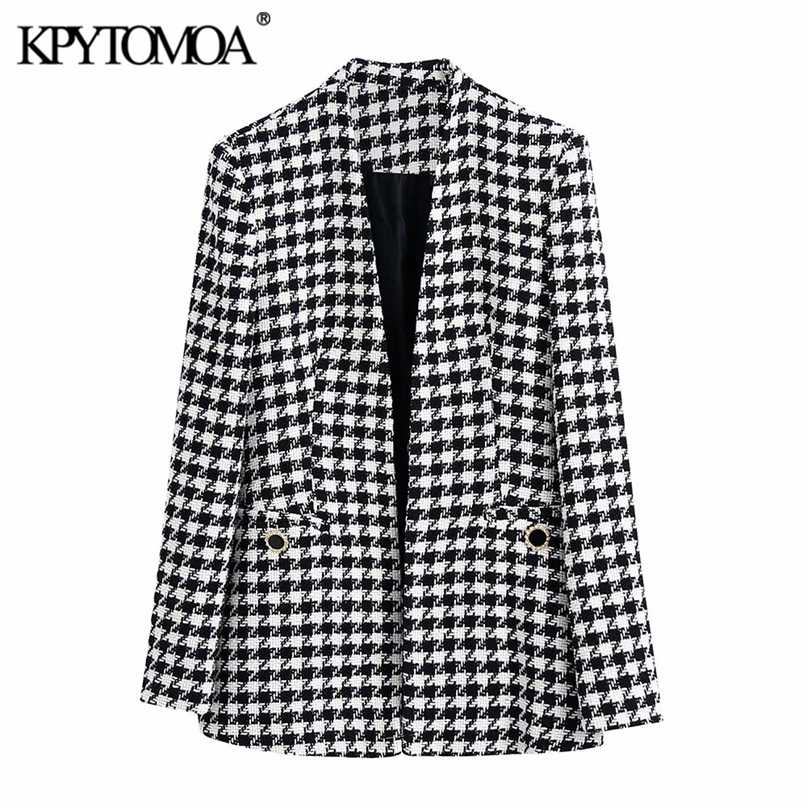 

KPYTOMOA Women Fashion Tweed Houndstooth Blazer Coat Vintage Long Sleeve Welt Pockets Female Outerwear Chic Veste 211019, As picture