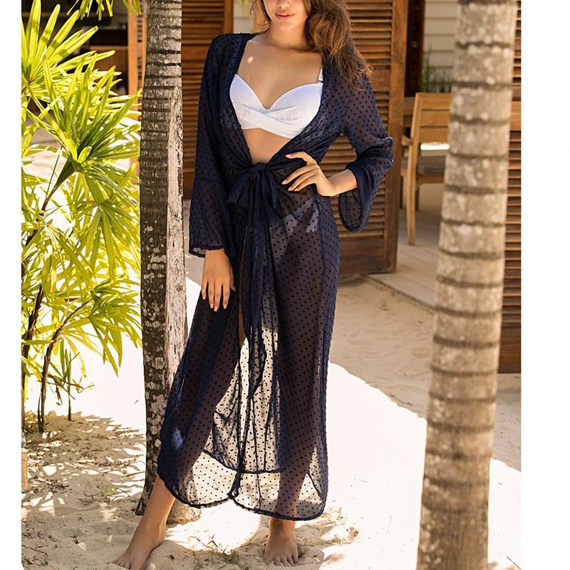

Women' Swimwear Long Sleeve Cardigan Chiffon Beach Dress Jacquard Sheer, White