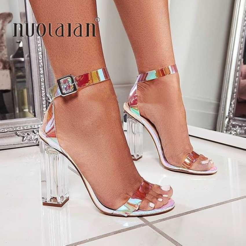 

Fashion Women Pumps Celebrity Wearing Simple Style PVC Clear Transparent Strappy Buckle Sandals High Heels Shoes Woman, Black