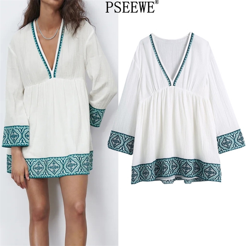 

Woman Dress Contrast Embroidered White Women Long Sleeve Short es Summer Vintage Ladies es 210519
