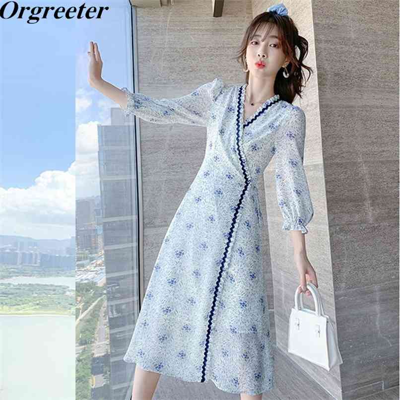 

Elegant Floral Printted Mid Dress Female Summer Sexy V-neck Three-quarter Sleeves Lace Trim Print Women 210602, Blue