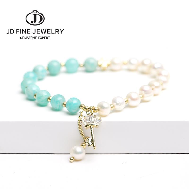 

charm bracelets jd half blue white bracelet real pearl natural amazonite round beads & gold filled key temperament jewelry, Golden;silver