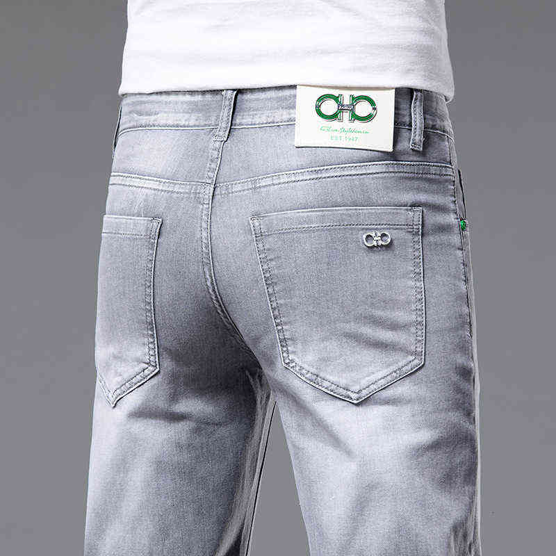 

and Spring Summer Trend Jeans Men's Slim Fit Elastic Korean Small Foot Long Pants Brand, Grey k6056
