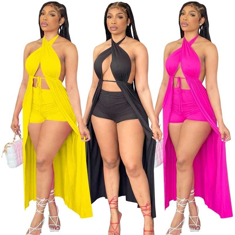 

Chiclover Women Summer Clothing Wholesale Items Sexy Halter Two Piece Set with Bodycon Shorts Backless Lace Up Skirts Sets 211029, Fuchsia