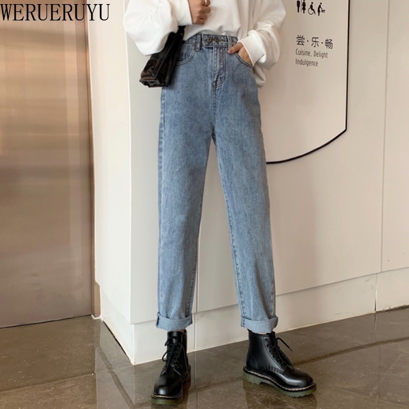 

WERUERUYU Korean Ins Trend Loose Women' Jeans Washed White High Waist Drape Straight Wide Leg Pants 210608, Photo color