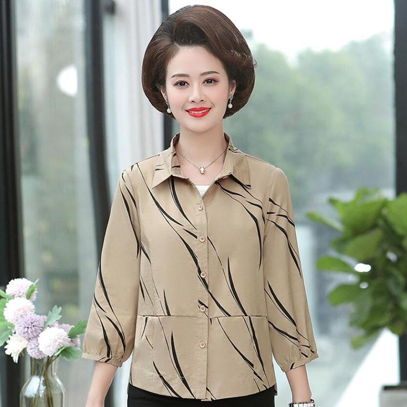 

Women's Blouses & Shirts 2021 Middle-aged Women 3/4 Sleeve Vintage Blouse Turn-Down Collar Plus Size Short Tops Button Mother Shirt Feminina, Blue