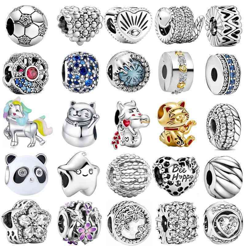 

New Silver Color DIY Jewelry Accessories Fit Original Pandora Charms Bracelets Lucky Cat Unicorn White Zirconia Sparkling Beads