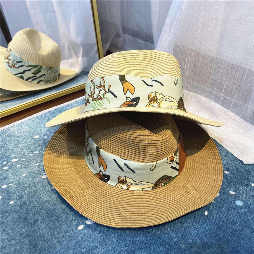 

female high version Mermaid Satin Lafite straw beach sun UV protection Big Brim hat, Blue;gray
