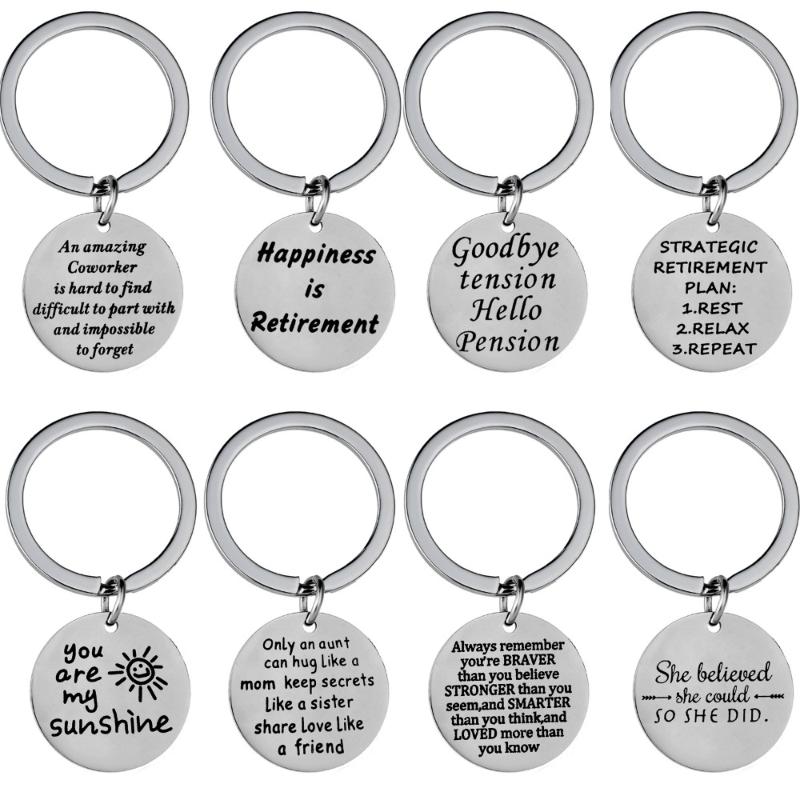 

Keychains Stainless Steel Retirement Series Charm Keychain Key Ring Couple Lovers Keyring Gift Women Aunt Friend Inspirational Chain