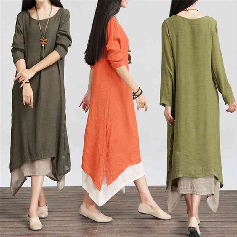 

large 2021 summer autumn women's loose cotton hemp long dress, Black;gray