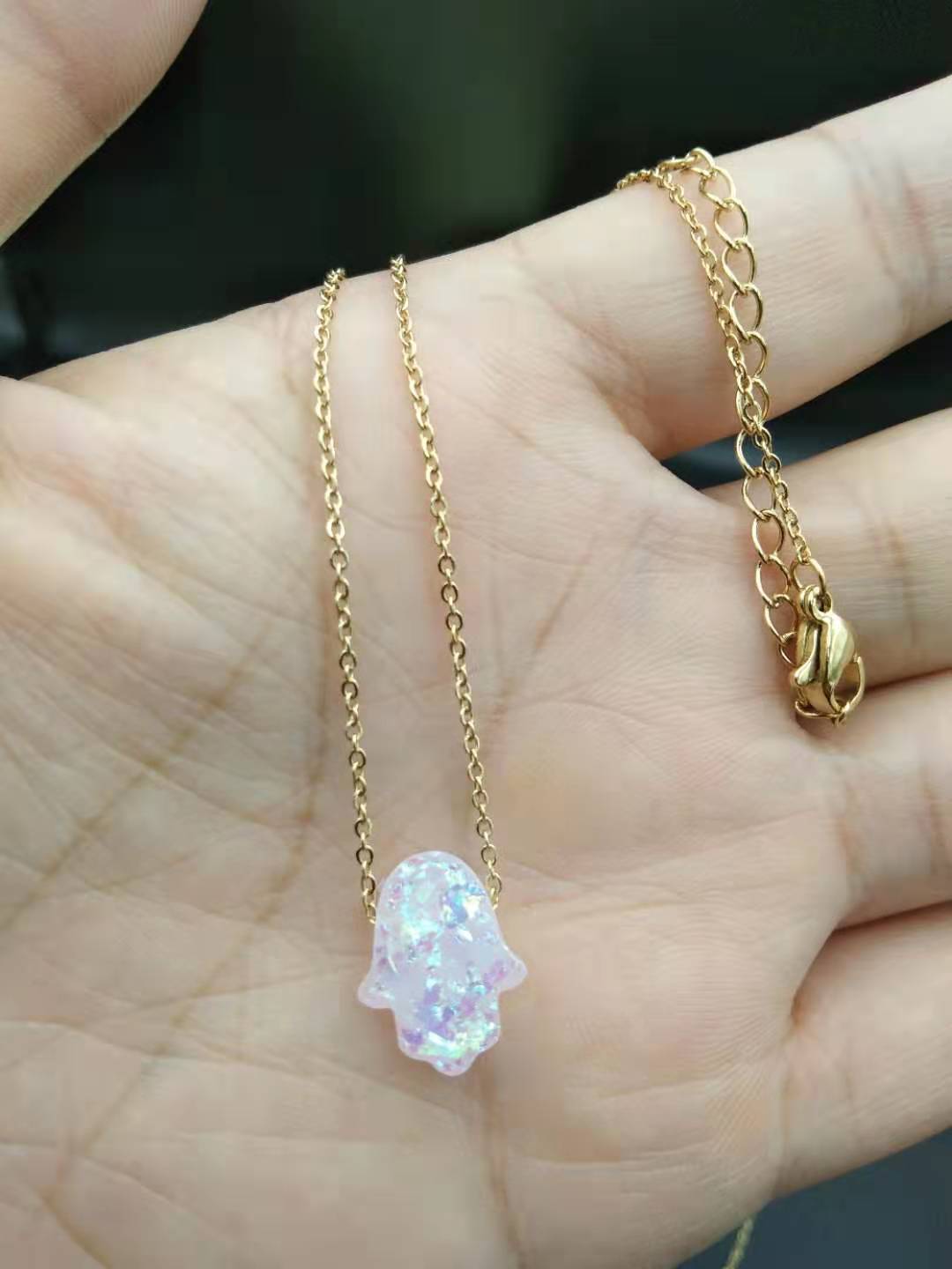 

New Fashion 9 Styles Stainless Steel Opal Hamsa Hand Pendant Necklace for Women Rhinestone Fatima Hand Choker Jewelry