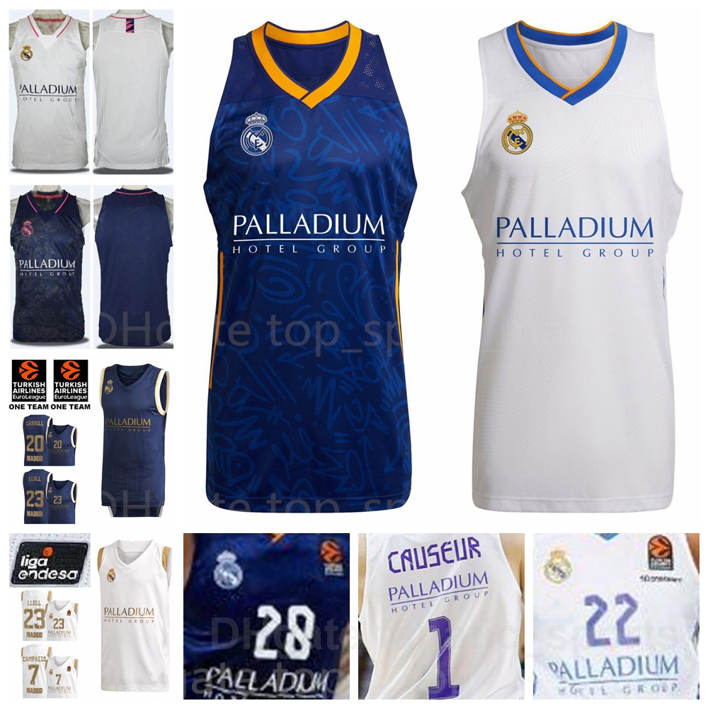 

Real Madrid Basketball 33 Trey Thompkins III Jersey 0 Nigel Williams-Goss 7 Facundo Campazzo 23 Sergio Llull 5 Rudy Fernandez 20 Jaycee Carroll Shirt Euroleague, 2019 blue euroleague
