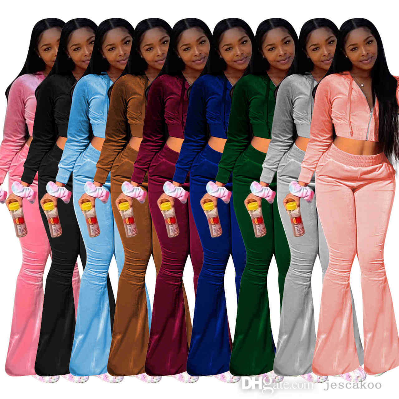

Women Hoodies Tracksuits Fashion Solid Velour Two Piece Outfits Zipper Pocket Long Sleeve Sweatshirt Flared Pants Matching Set, Orange