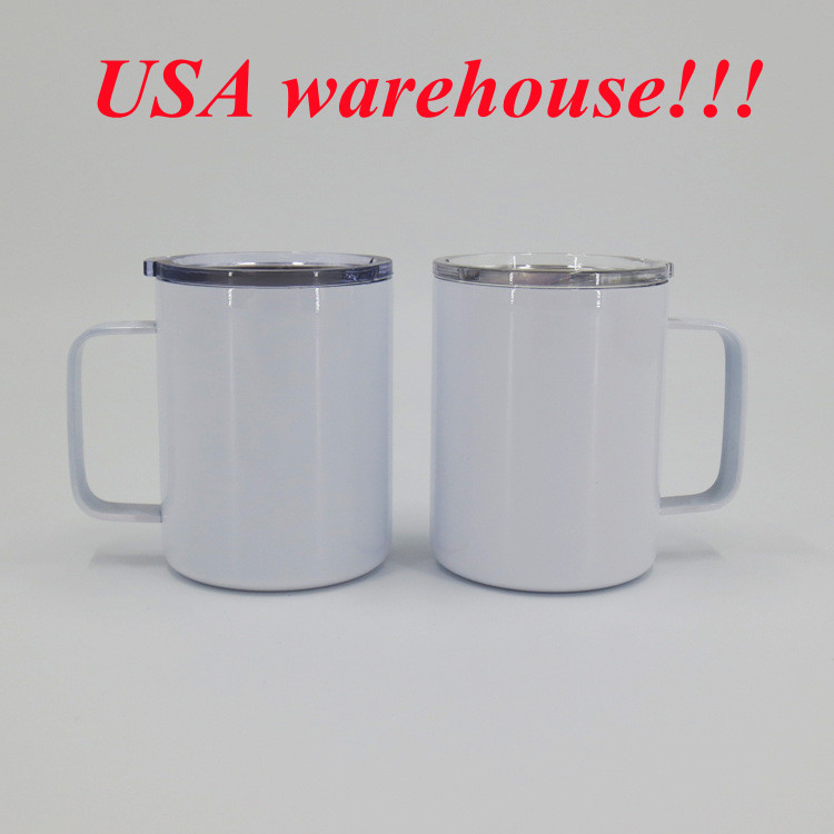 

local warehouse!!!Sublimation 10oz travel cup Coffee Mugs with handle double wall office mug 304 Stainless Steel tumbler lid Vacuum Insulated travel tumblers, White