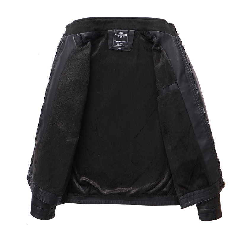 

Stitching handsome Thicken motorcycle style men s leather jacket high-quality stand-up collar retro comfortable Windproof and warm fashion t, Black