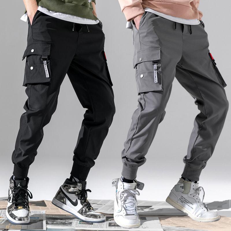 

Men' Pants Cotton Thin Cargo Men Sweatpants Casual Trousers Ankle-Tied Loose 3D Pocket Elastic Waist Jogging Safari Style, 919 black