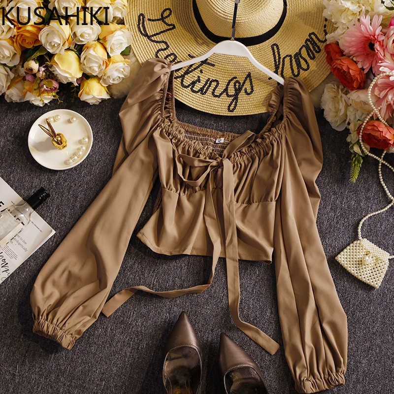 

Korean Slim Short Chiffon Blouse Bow Tie Square Collar Puff Long Sleeve Blusas Femme Spring Women Shirt 6F150 210603, Khaki