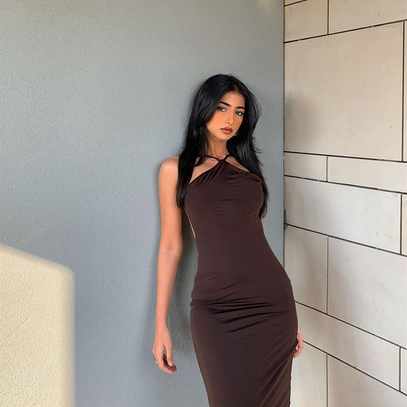 

Straps Halter Hot Sexy Baless Summer Midi Dress for Women Club Party Dresses Ruched Chic Fashion Outfits Solidhigh quality, Coffee