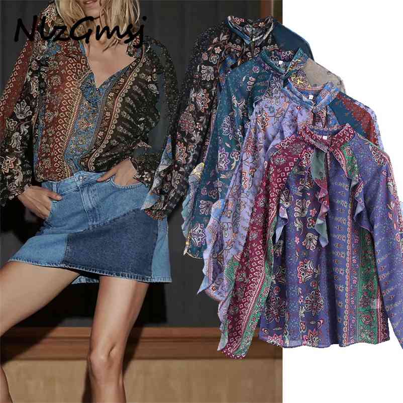 

Blouse Women Spring Stand-up Collar Printing Ruffles Single-breasted Long Sleeve Women's Shirt 210628, As picture