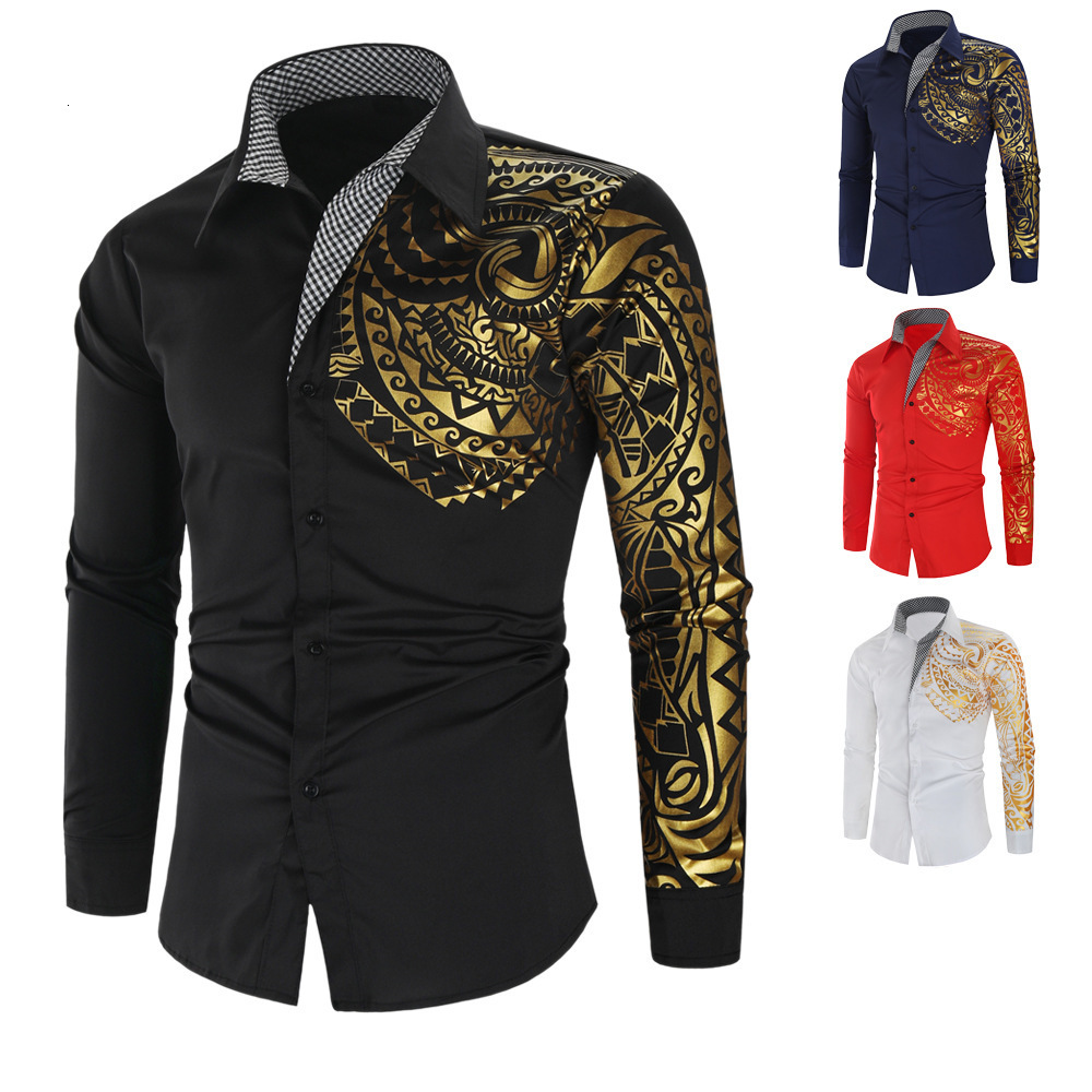 

Men's T-Shirts Fashion Gold Totem Print Long Sleeve Shirts Black White Red Dress Shirt Mens Work Casual Clothing X0EG, Extra not product