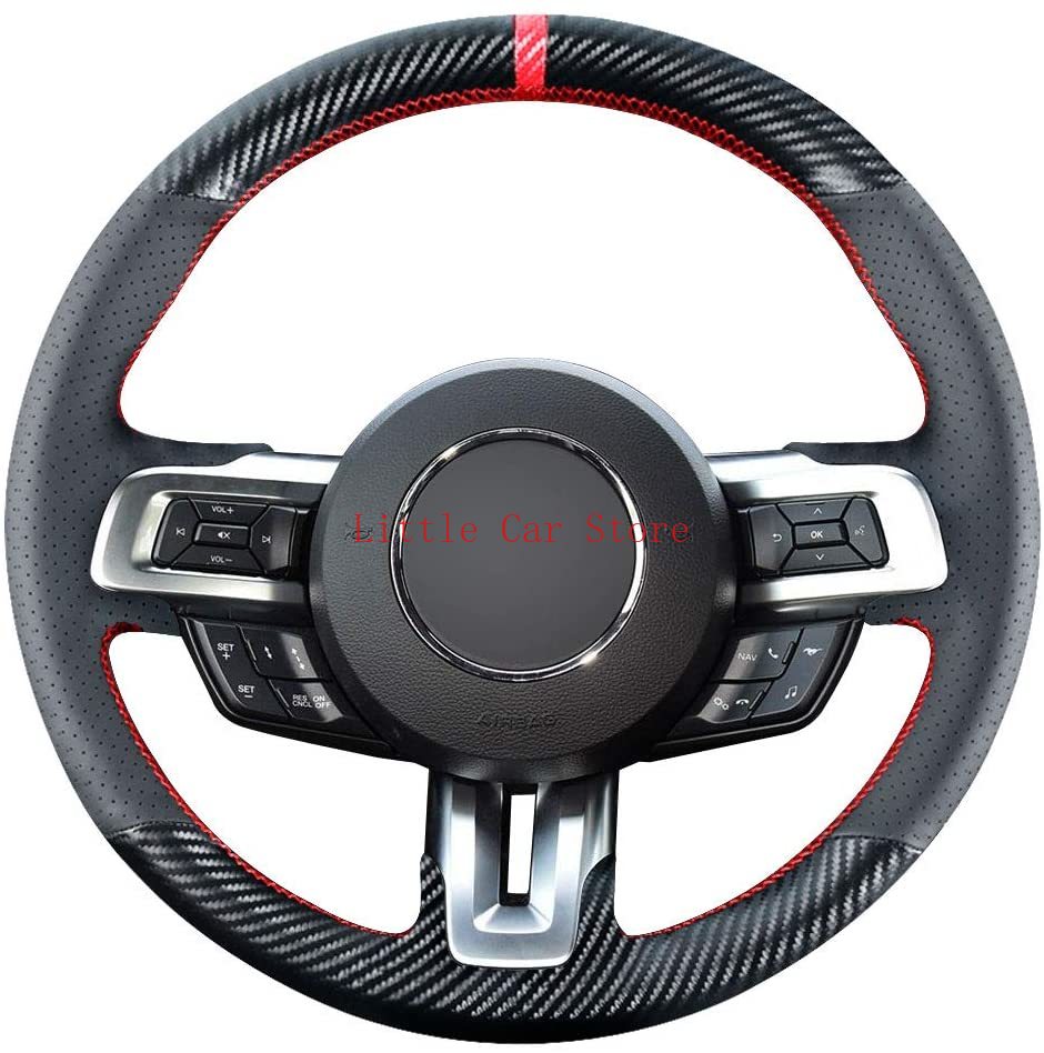 DIY Steering Wheel Cover Custom Fit For Ford Mustang 2015-21 15 inches Black Leather Carbon Fiber Interior Accessories-image-725334132