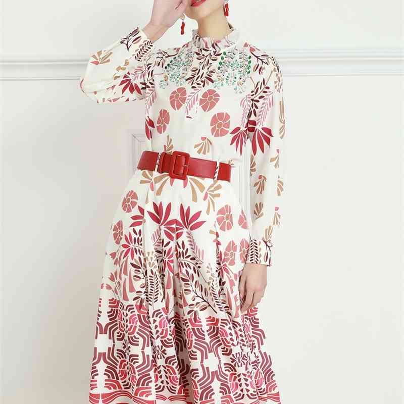 

Truevoker Spring Runway Set' Lantern Sleeve Red Print Blouse With Mid Calf Length Skirt et 210602