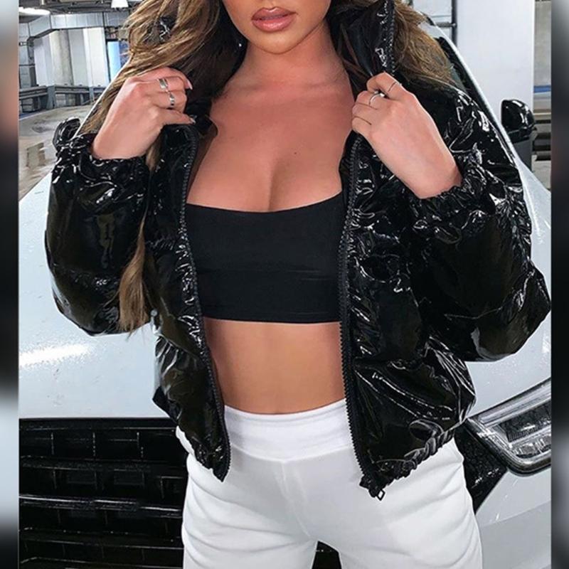 

Women's Down & Parkas Women Winter Long Sleeve Zipper Puffer Jacket Stand Collar Shiny Metallic Faux Leather Cropped Puffy Bubble Coat Quilt, Black