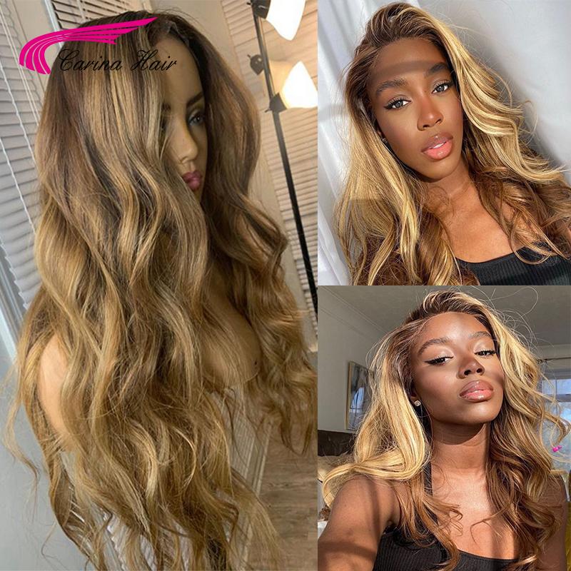 

Ombre ColorHighlight Wavy Front Human Hair Wigs With Baby Lace Wig For Black Women Body Wave, As pic