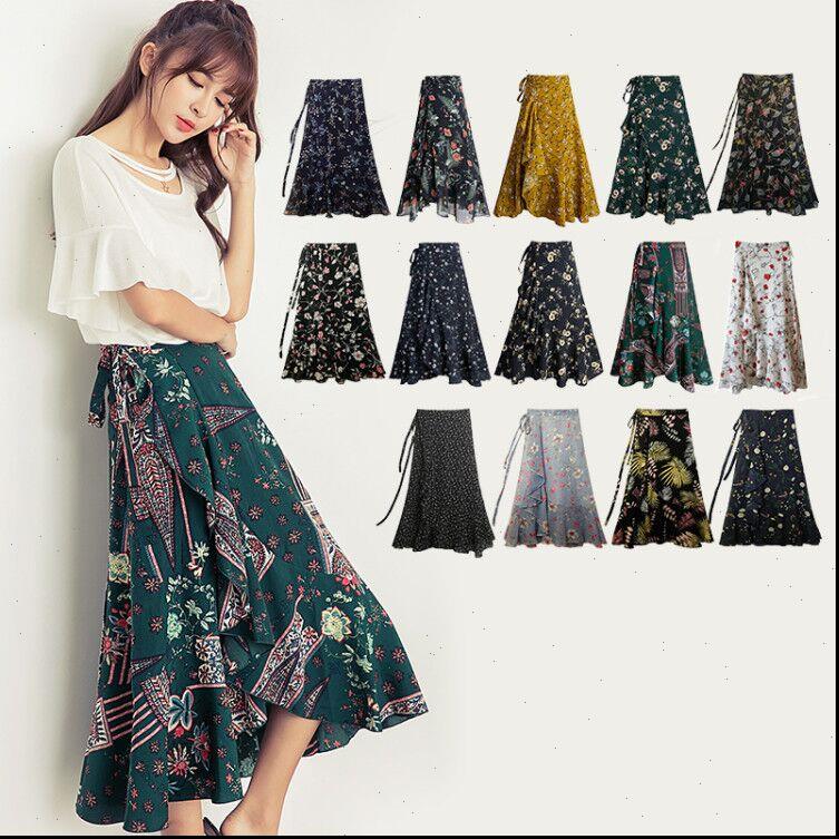 

womens skirt bohemia beach women spring summer chiffon flower pattern skirtmedium elastic waist drop good quality, Black