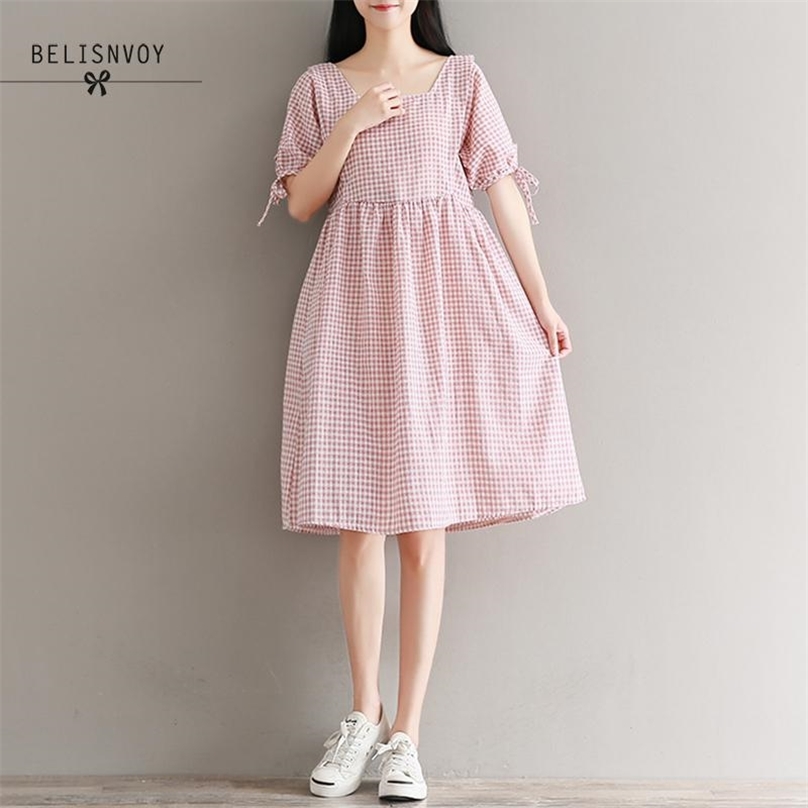 

Japanese Mori Girl Summer Women Red Blue Plaid Dress Vintage Square Collar Short Sleeve Back Lace Up Femininos Elegant 210520