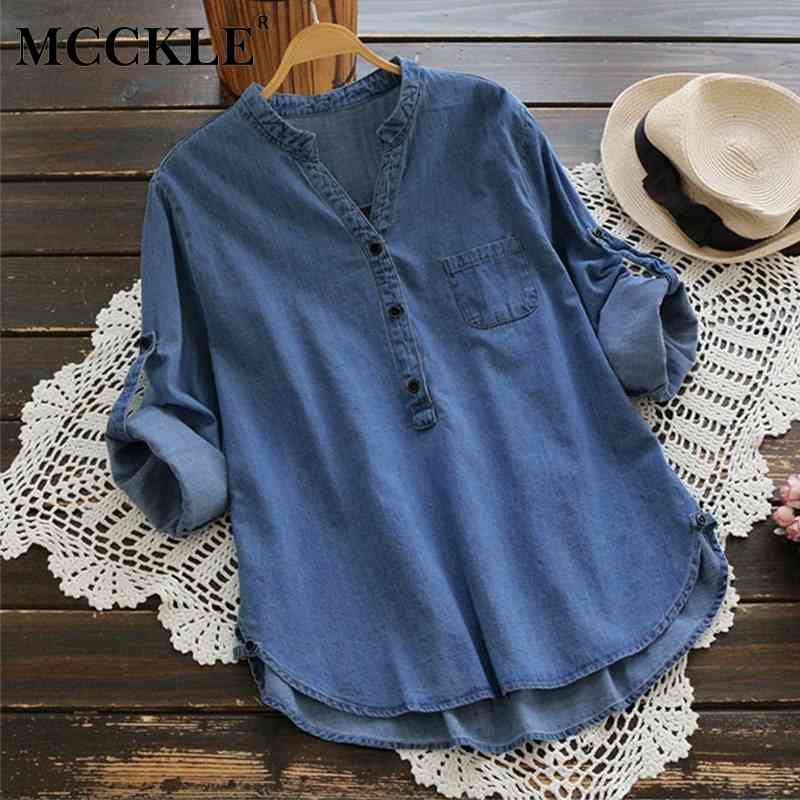 

Women' Blouses & Shirts Jeans V-Neck Long Sleeve Tops Denim Solid Button Pocket Womens And Shirt Autumn Casual Top Female JN49, Dark blue