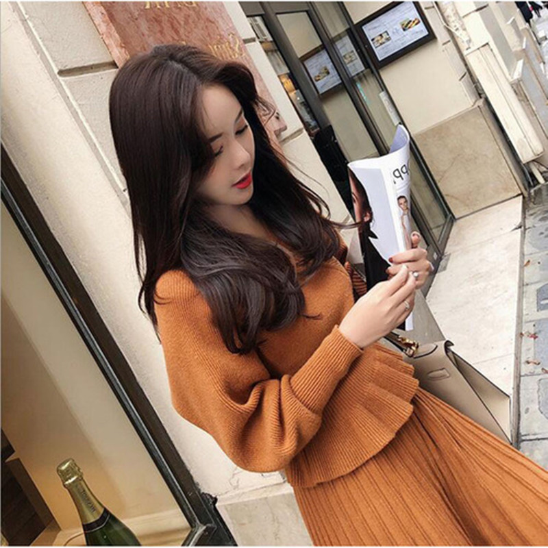 

ZAWFL Autumn Winter Fashion Women's Back Hollow Knit Vest Jacket + Long Dress Two Pieces Ladies Sweater Suit 210525, Picture color