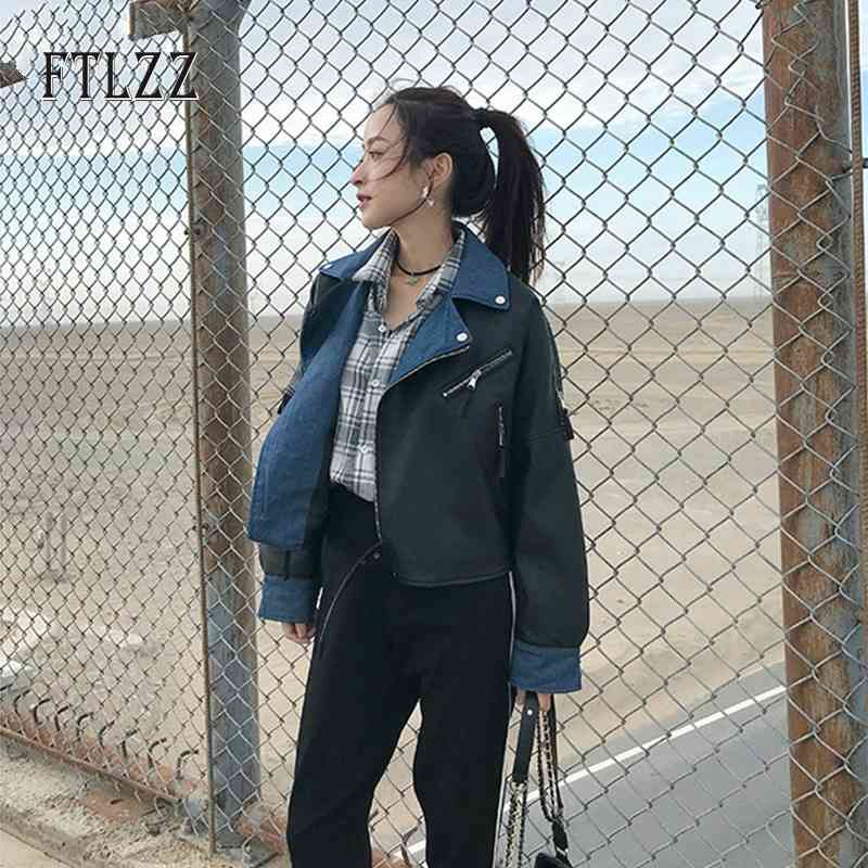 

Women Biker Moto Jacket Spring Auutmn Loose Turn Down Collar Patchwork Denim Casual Short Faux Leather Coats Pu Outwear 210602, Burgundy