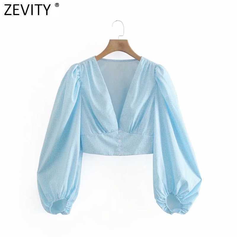 

Zevity Women Elegant V Neck Floral Print Short Smock Blouse French Style Female Pleats Puff Sleeve Shirts Chic Crop Tops LS9173 210603, As pic ls9173ld