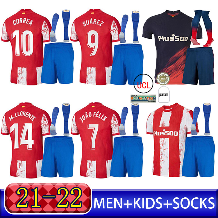 

21 22 Atletico Madrid Soccer Jerseys SUAREZ JOÃO FÃLIX 2021 2022 M. Llorente CORREA KOKE Camisetas third 4th CARRASCO men kids kit+Socks Foo, Black