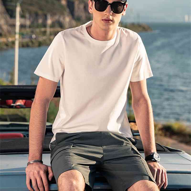 Ice silk cotton short summer white men&#039;s solid half sleeve mercerized bottom shirt loose T-shirt-image-704291395
